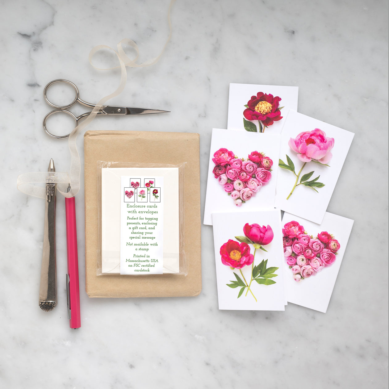 Set of Mini cards - Hearts & Pink Flowers
