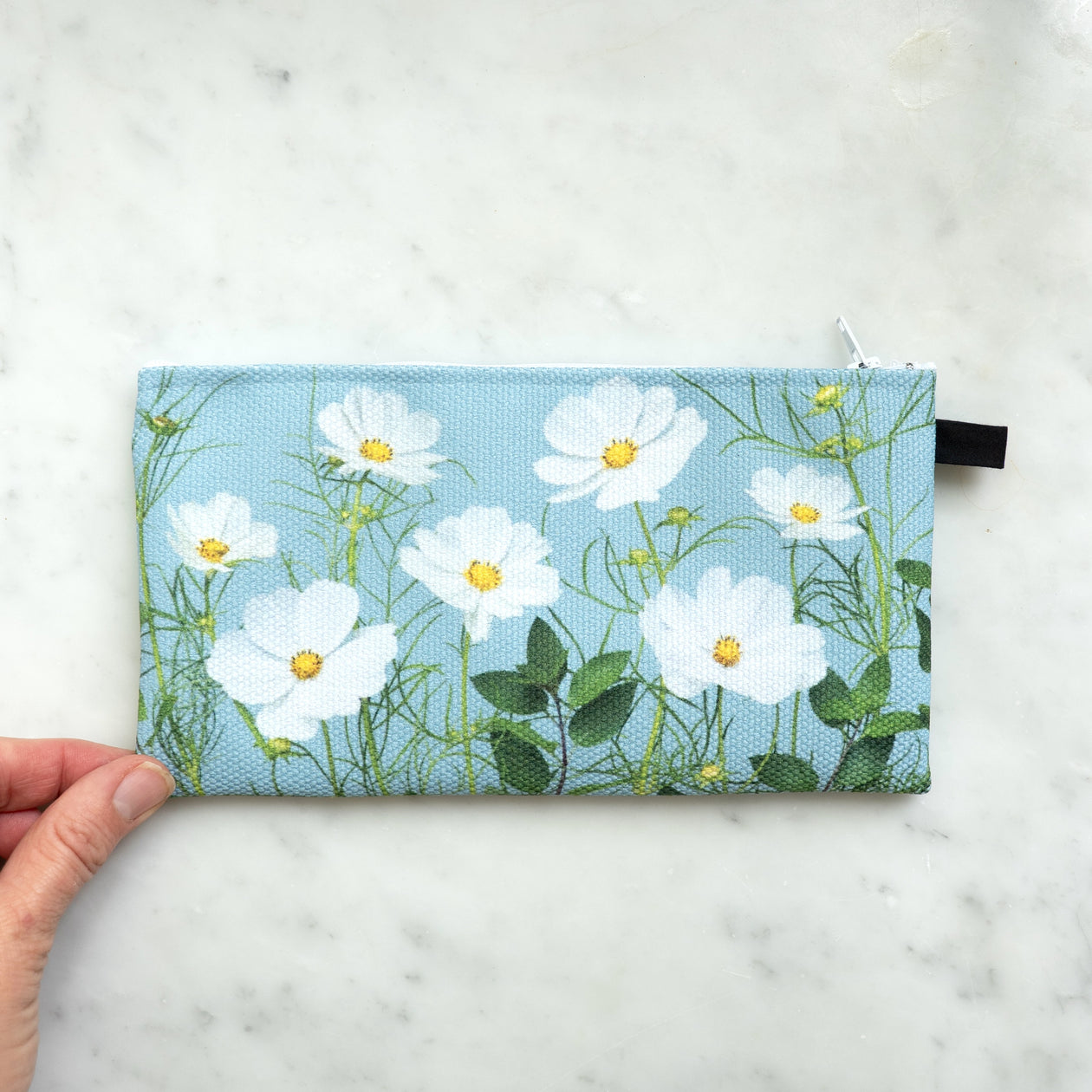 Small Zipper Bag ~ Cosmos Flowers on Blue
