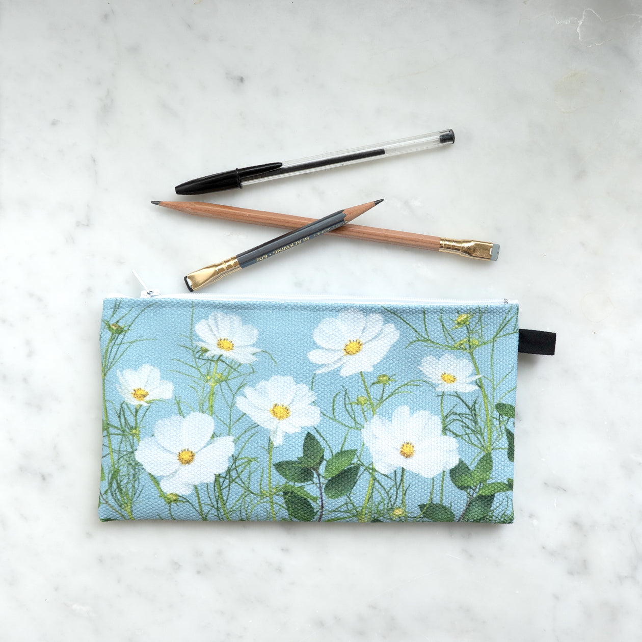 Small Zipper Bag ~ Cosmos Flowers on Blue