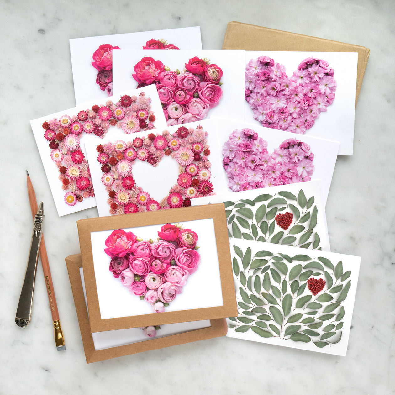 Hearts & Pink Flowers Card Set – A2 Greeting Cards (8-Pack)
